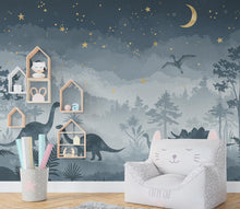 Load image into Gallery viewer, Watercolor Dinosaur Forest Wall Mural – Enchanted Prehistoric Jungle Wallpaper with Moon, Stars Dinosaurs for Kids Room or Nursery 850RS