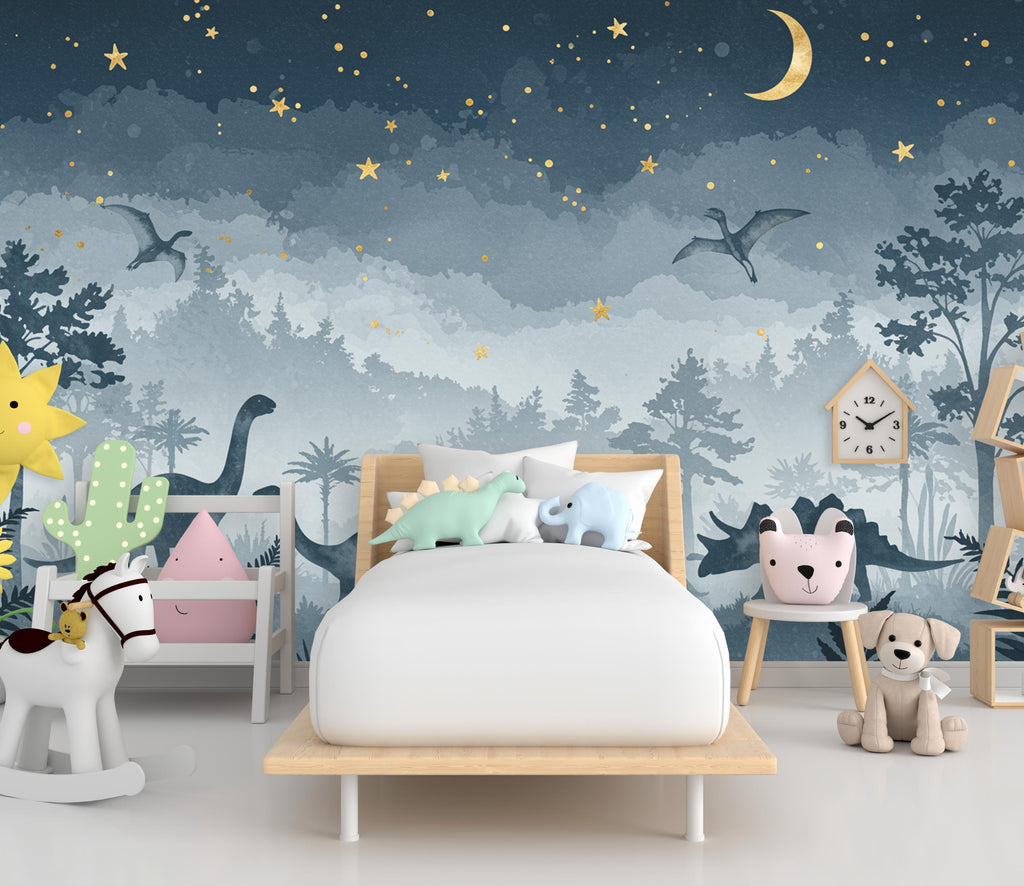 Watercolor Dinosaur Forest Wall Mural – Enchanted Prehistoric Jungle Wallpaper with Moon, Stars Dinosaurs for Kids Room or Nursery 850RS