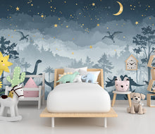 Load image into Gallery viewer, Watercolor Dinosaur Forest Wall Mural – Enchanted Prehistoric Jungle Wallpaper with Moon, Stars Dinosaurs for Kids Room or Nursery 850RS
