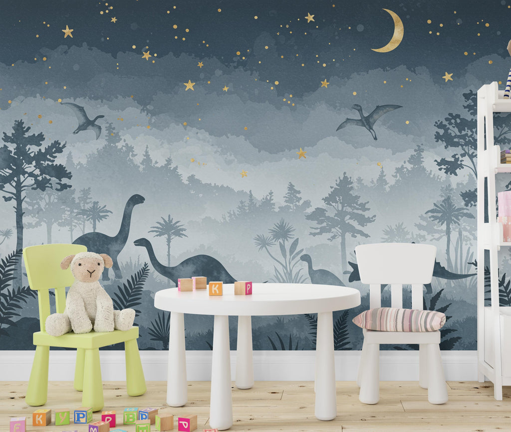Watercolor Dinosaur Forest Wall Mural – Enchanted Prehistoric Jungle Wallpaper with Moon, Stars Dinosaurs for Kids Room or Nursery 850RS