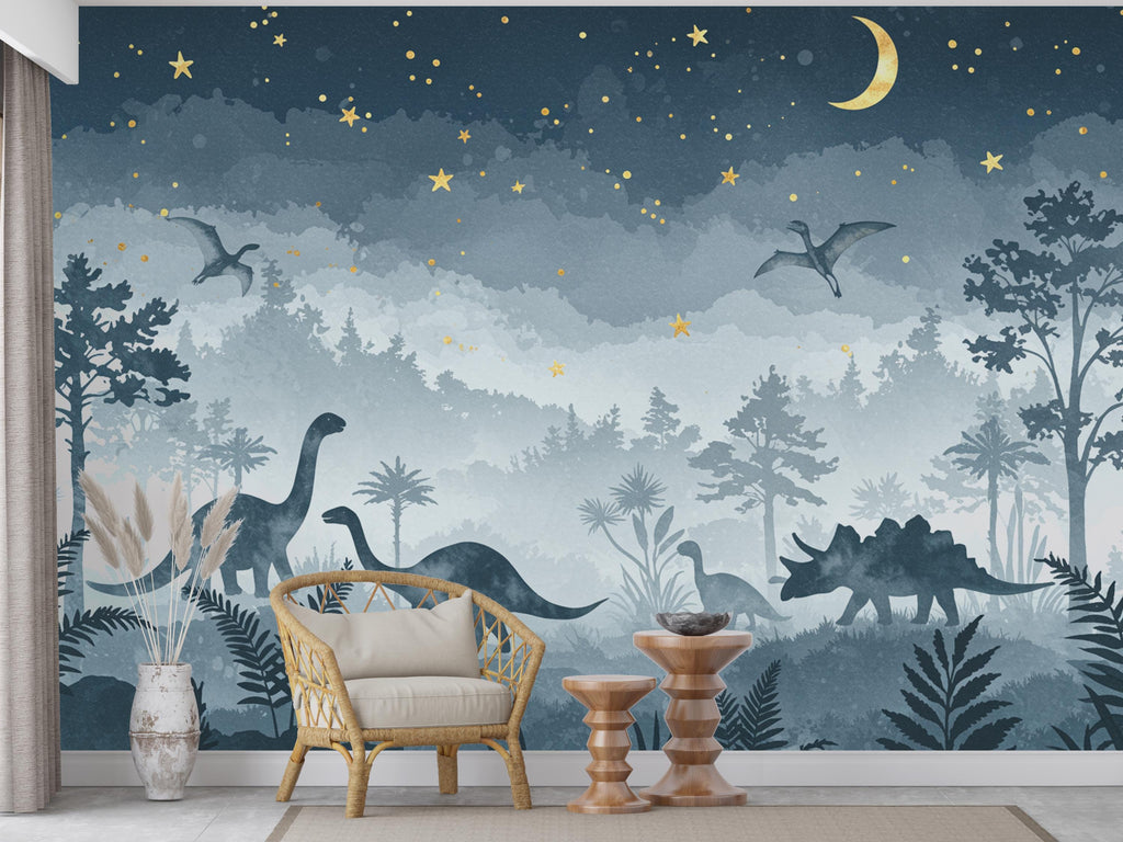 Watercolor Dinosaur Forest Wall Mural – Enchanted Prehistoric Jungle Wallpaper with Moon, Stars Dinosaurs for Kids Room or Nursery 850RS