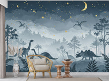 Load image into Gallery viewer, Watercolor Dinosaur Forest Wall Mural – Enchanted Prehistoric Jungle Wallpaper with Moon, Stars Dinosaurs for Kids Room or Nursery 850RS
