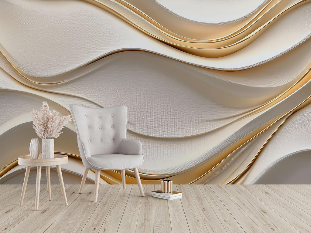 Elegant 3D Abstract Wallpaper Mural | Modern Gold Wave Textured Wall Art | Luxury Wall Decor for Living Room or Office
