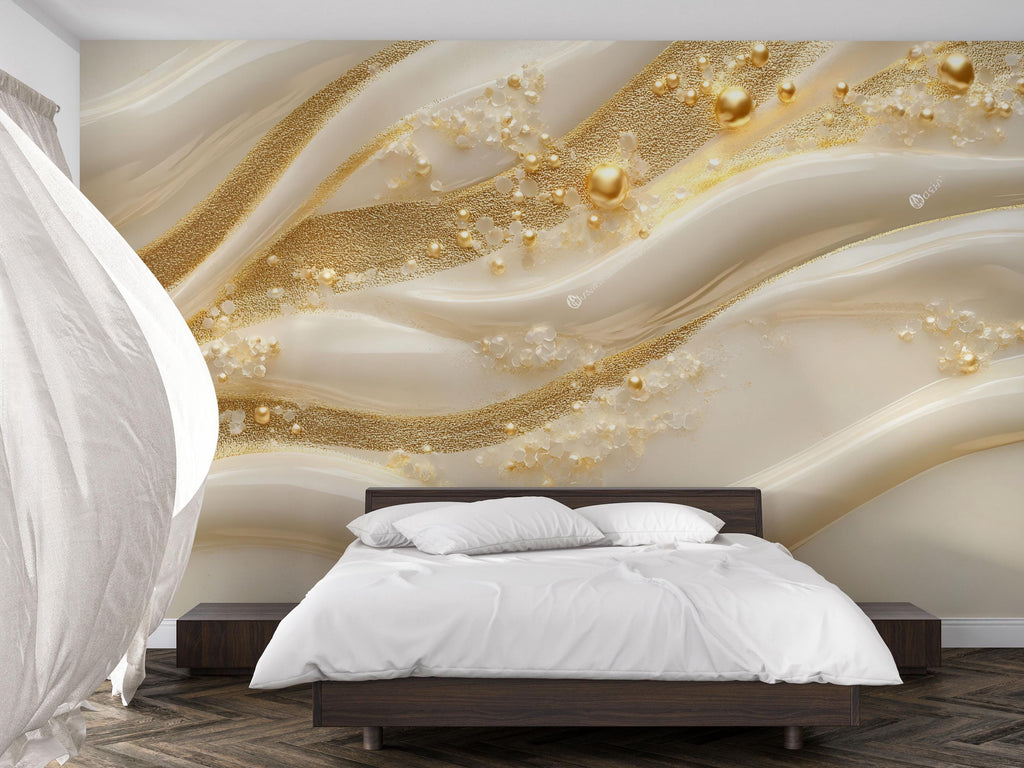 3D Pearl And Gold Wave Wallpaper Mural | Luxury Textured Abstract Wall Decor | Modern Bedroom Accent Wall Art | Elegant Stylish Wallpaper