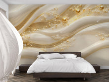 Load image into Gallery viewer, 3D Pearl And Gold Wave Wallpaper Mural | Luxury Textured Abstract Wall Decor | Modern Bedroom Accent Wall Art | Elegant Stylish Wallpaper