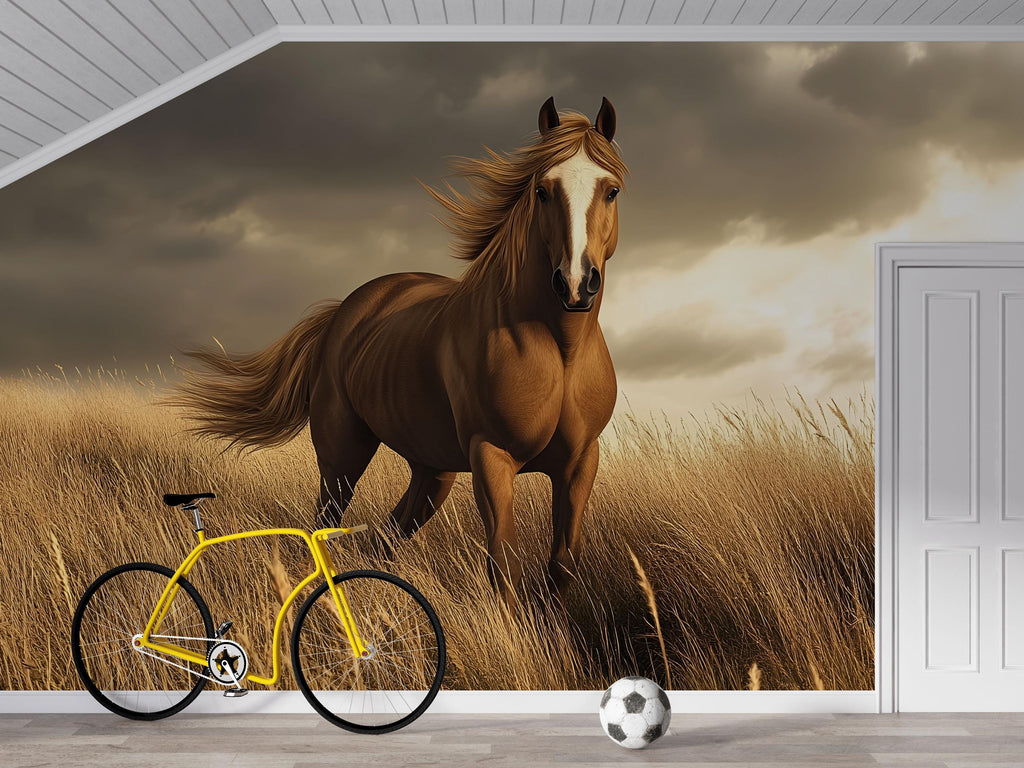 3D Running Horse Wallpaper Mural | Wild Stallion Wall Art For Boys Room, Man Cave Or Barn Decor | Realistic Horse Wall Mural | Western