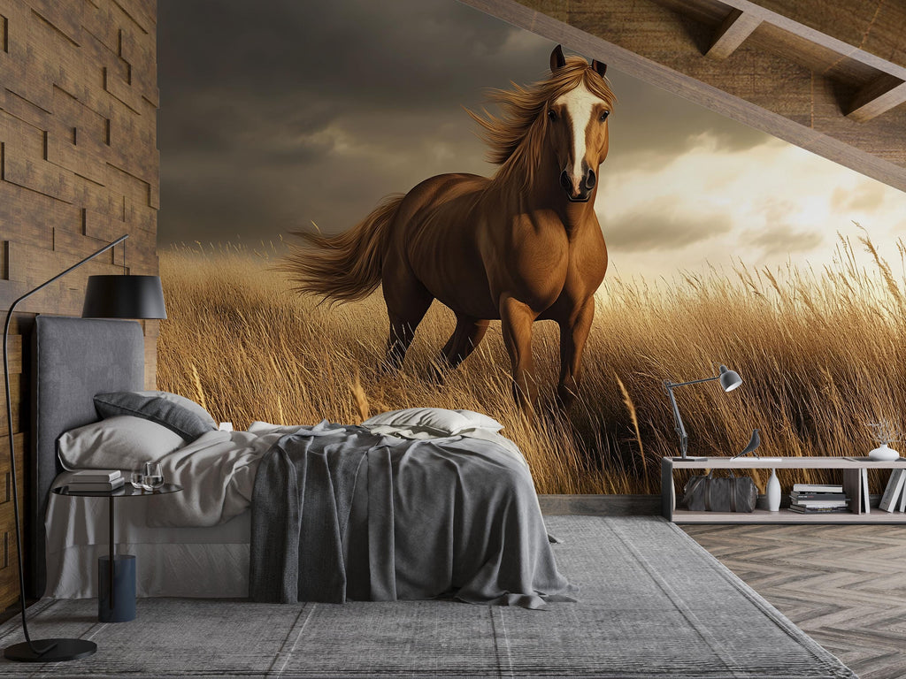 3D Running Horse Wallpaper Mural | Wild Stallion Wall Art For Boys Room, Man Cave Or Barn Decor | Realistic Horse Wall Mural | Western