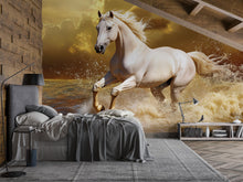 Load image into Gallery viewer, 3D White Horse Running On Water Wallpaper Mural | Dramatic Ocean Stallion Wall Art | Bold Statement Wall Decor | Modern Peel And Stick
