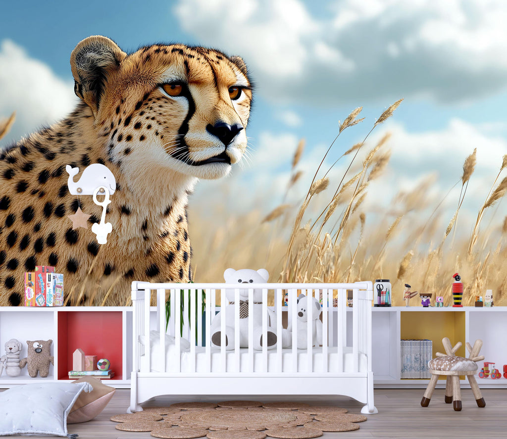 3D Cheetah Safari Wallpaper Mural | Realistic Wild Cat Wall Art For Kids Room Or Nursery | Jungle Animal Decor | Modern Peel And Stick