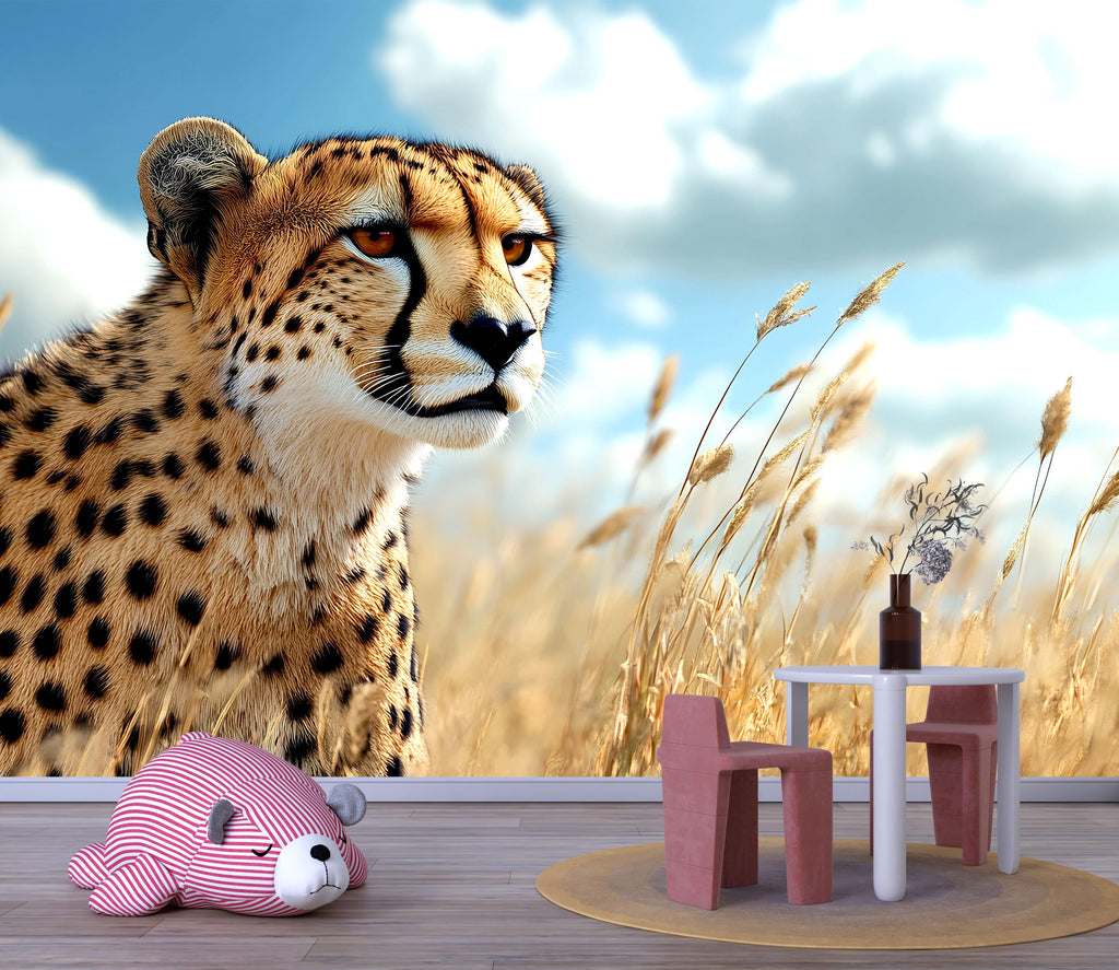 3D Cheetah Safari Wallpaper Mural | Realistic Wild Cat Wall Art For Kids Room Or Nursery | Jungle Animal Decor | Modern Peel And Stick