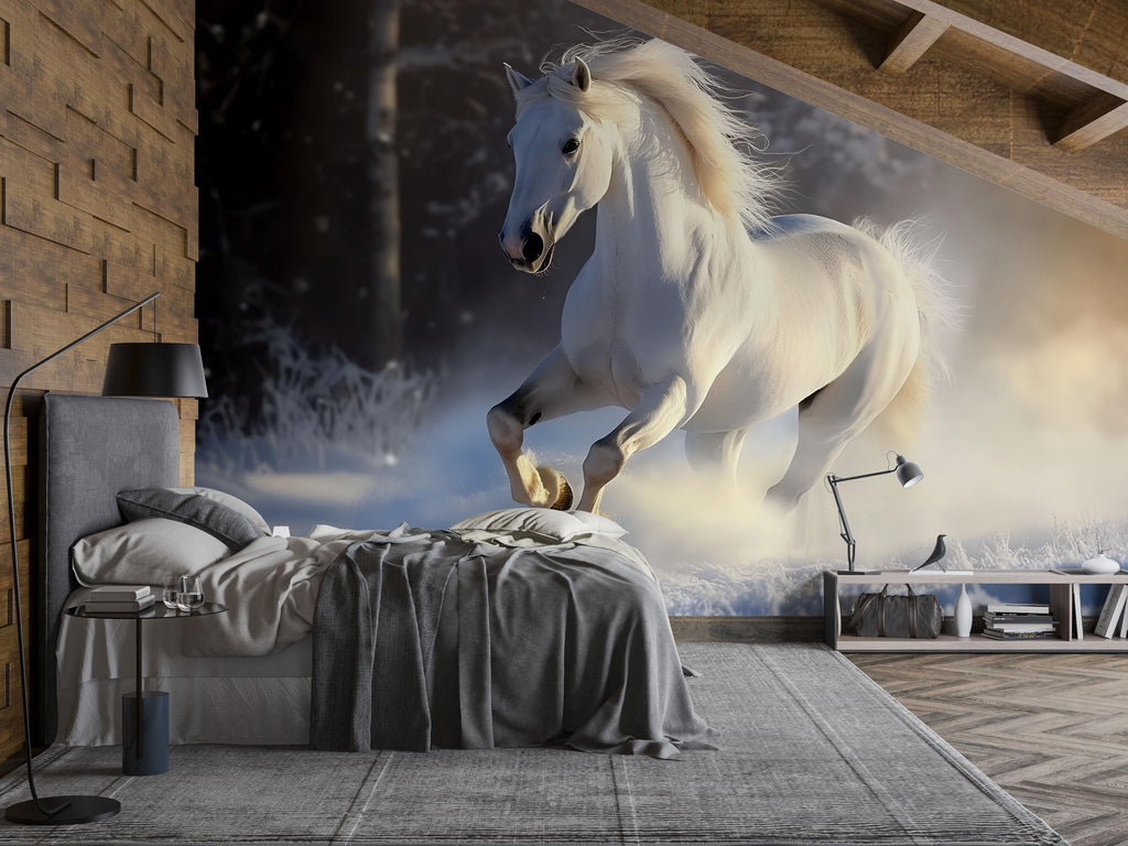 3D White Horse Winter Wallpaper Mural | Elegant Running Stallion Wall Art | Stylish Bedroom Decor | Snow Scene Peel And Stick Modern Horse