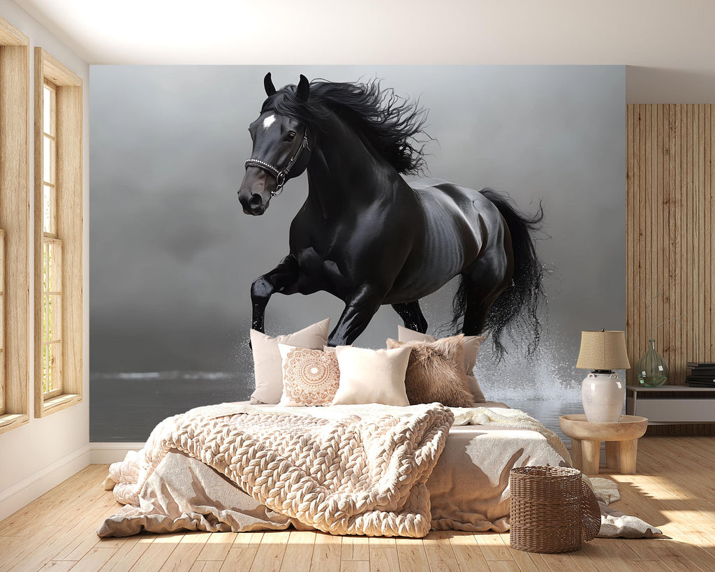 3D Black Stallion Wallpaper Mural | Bold Horse Wall Art For Bedroom Or Office | Modern Equestrian Wall Decor | Stylish Peel And Stick