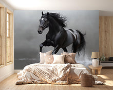 Load image into Gallery viewer, 3D Black Stallion Wallpaper Mural | Bold Horse Wall Art For Bedroom Or Office | Modern Equestrian Wall Decor | Stylish Peel And Stick