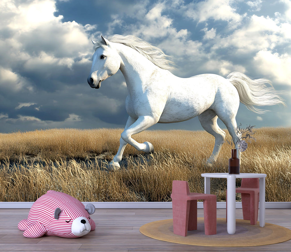 3D White Horse Wallpaper Mural | Gentle Running Stallion Wall Art For Nursery Or Kids Room | Modern Animal Decor | Peel And Stick