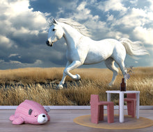 Load image into Gallery viewer, 3D White Horse Wallpaper Mural | Gentle Running Stallion Wall Art For Nursery Or Kids Room | Modern Animal Decor | Peel And Stick