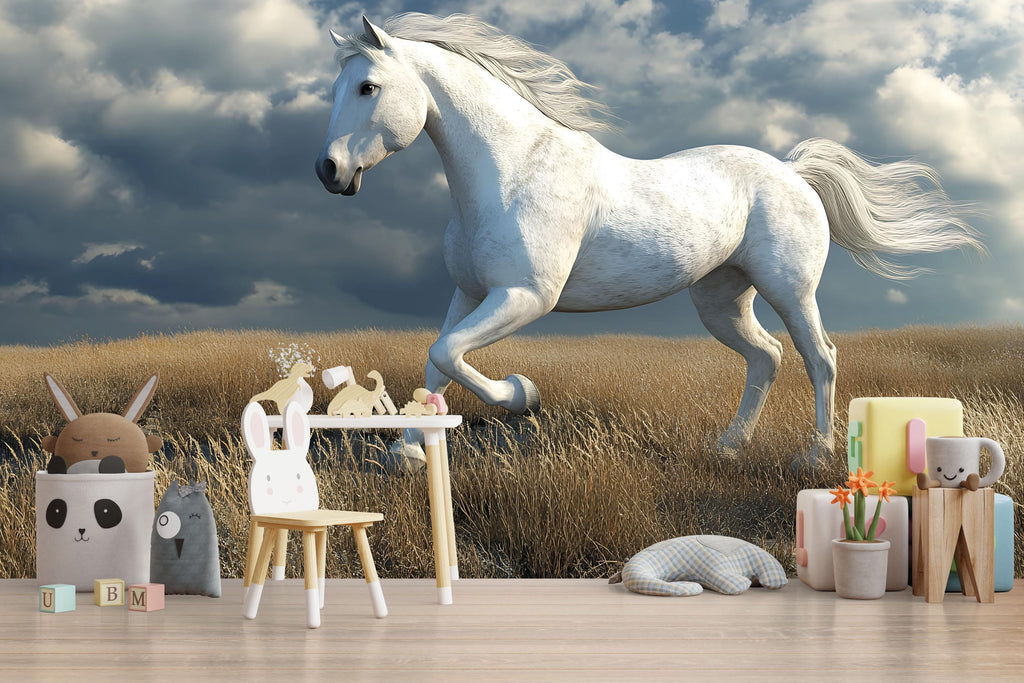 3D White Horse Wallpaper Mural | Gentle Running Stallion Wall Art For Nursery Or Kids Room | Modern Animal Decor | Peel And Stick