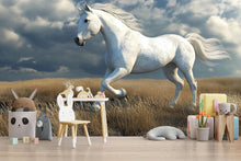 Load image into Gallery viewer, 3D White Horse Wallpaper Mural | Gentle Running Stallion Wall Art For Nursery Or Kids Room | Modern Animal Decor | Peel And Stick