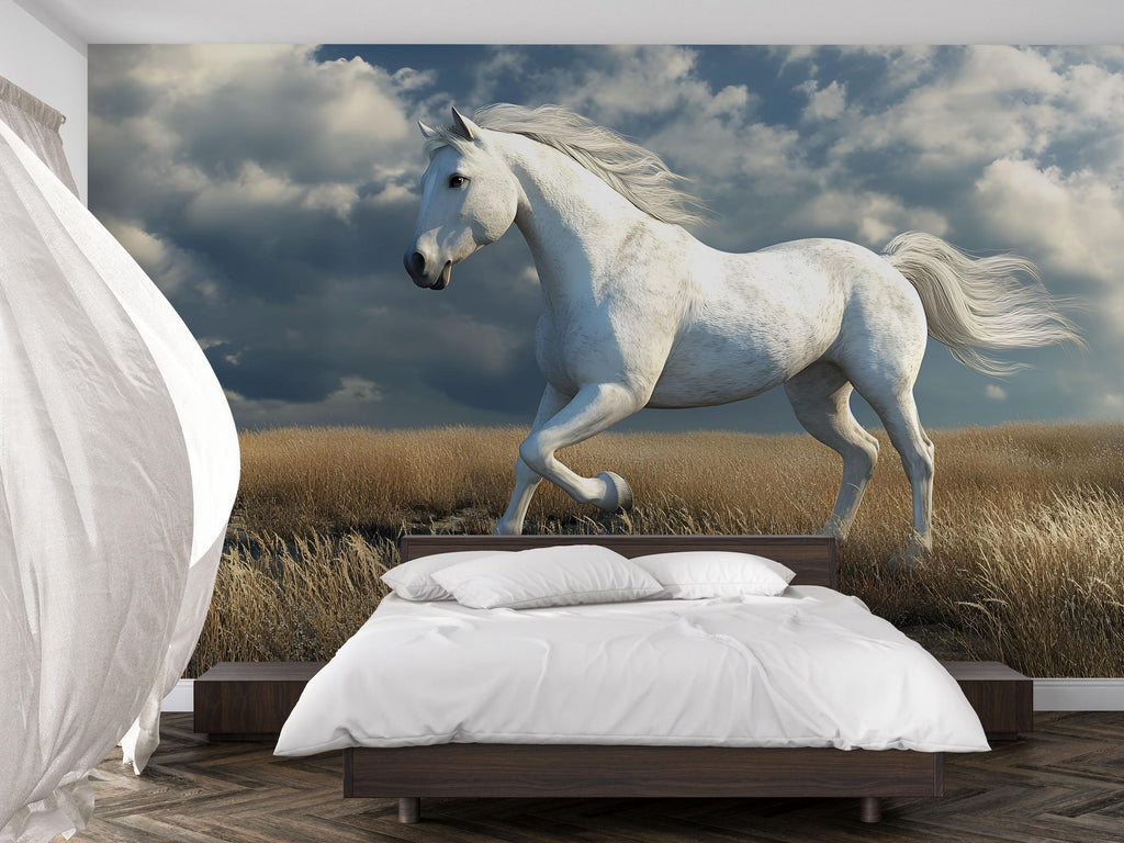 3D White Horse Wallpaper Mural | Gentle Running Stallion Wall Art For Nursery Or Kids Room | Modern Animal Decor | Peel And Stick