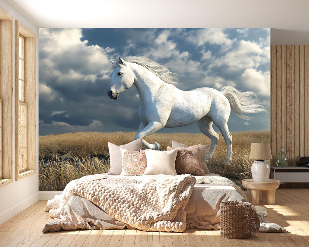 3D White Horse Wallpaper Mural | Gentle Running Stallion Wall Art For Nursery Or Kids Room | Modern Animal Decor | Peel And Stick