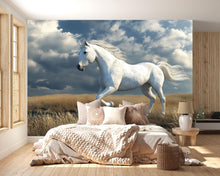 Load image into Gallery viewer, 3D White Horse Wallpaper Mural | Gentle Running Stallion Wall Art For Nursery Or Kids Room | Modern Animal Decor | Peel And Stick