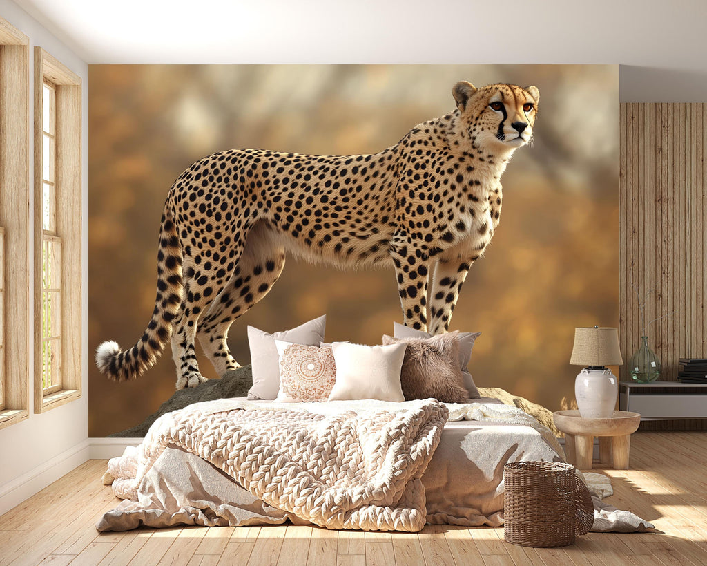 3D Standing Cheetah Wallpaper Mural | Realistic Safari Animal Wall Art For Nursery Or Kids Room | Jungle Big Cat Decor | Peel And Stick