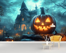 Load image into Gallery viewer, 3D Halloween Pumpkin Haunted House Wallpaper Mural | Spooky Jack-O'-Lantern Wall Art | Haunted Mansion Decor | Stylish Peel And Stick