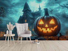 Load image into Gallery viewer, 3D Halloween Pumpkin Haunted House Wallpaper Mural | Spooky Jack-O'-Lantern Wall Art | Haunted Mansion Decor | Stylish Peel And Stick