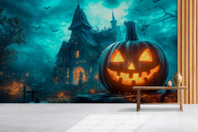 Load image into Gallery viewer, 3D Halloween Pumpkin Haunted House Wallpaper Mural | Spooky Jack-O'-Lantern Wall Art | Haunted Mansion Decor | Stylish Peel And Stick