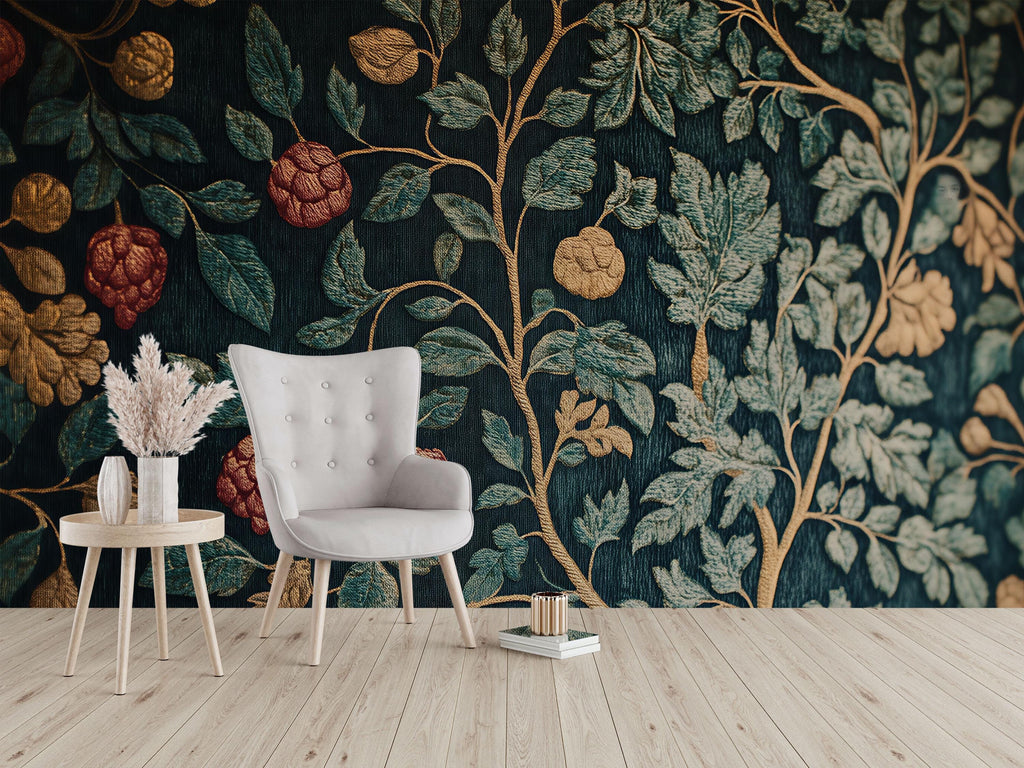 Dark Botanical Raspberry 3D Wallpaper – Vintage Fruit & Leaf Wall Mural – Elegant Statement Wall Art for Living Room, Dining Room