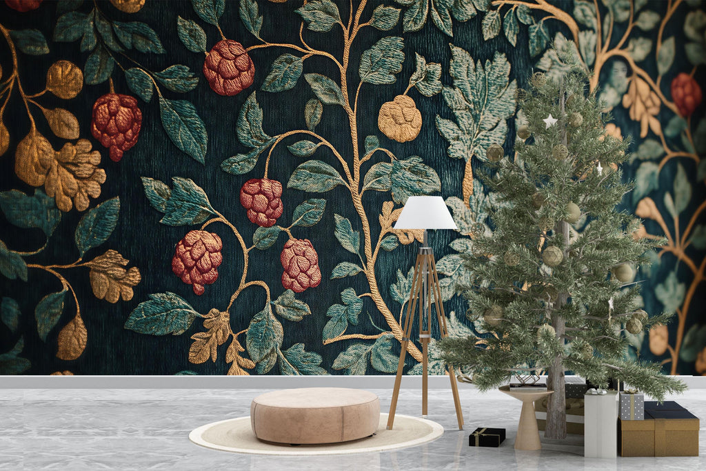 Dark Botanical Raspberry 3D Wallpaper – Vintage Fruit & Leaf Wall Mural – Elegant Statement Wall Art for Living Room, Dining Room