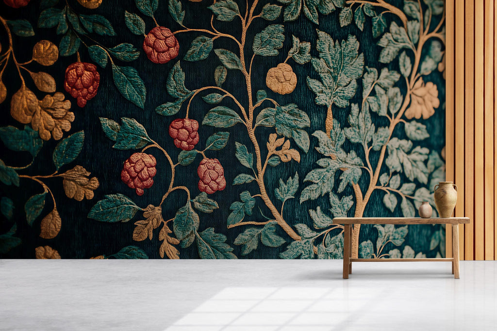 Dark Botanical Raspberry 3D Wallpaper – Vintage Fruit & Leaf Wall Mural – Elegant Statement Wall Art for Living Room, Dining Room