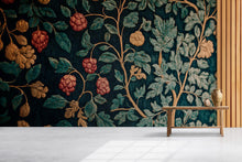 Load image into Gallery viewer, Dark Botanical Raspberry 3D Wallpaper – Vintage Fruit &amp; Leaf Wall Mural – Elegant Statement Wall Art for Living Room, Dining Room