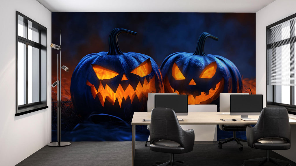 3D Halloween Jack-O'-Lantern Wallpaper Mural | Spooky Pumpkin Wall Art For Bedroom Or Living Room | Peel And Stick Haunted House Holiday