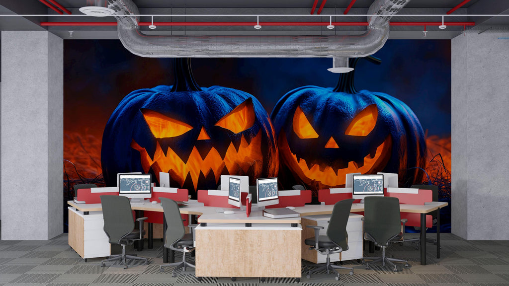 3D Halloween Jack-O'-Lantern Wallpaper Mural | Spooky Pumpkin Wall Art For Bedroom Or Living Room | Peel And Stick Haunted House Holiday