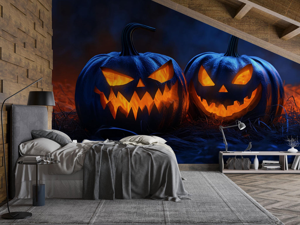 3D Halloween Jack-O'-Lantern Wallpaper Mural | Spooky Pumpkin Wall Art For Bedroom Or Living Room | Peel And Stick Haunted House Holiday