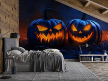 Load image into Gallery viewer, 3D Halloween Jack-O'-Lantern Wallpaper Mural | Spooky Pumpkin Wall Art For Bedroom Or Living Room | Peel And Stick Haunted House Holiday