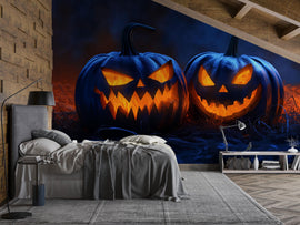 3D Halloween Jack-O'-Lantern Wallpaper Mural | Spooky Pumpkin Wall Art For Bedroom Or Living Room | Peel And Stick Haunted House Holiday