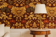 Load image into Gallery viewer, Bold Red and Gold Botanical 3D Wallpaper – Vintage Leaf &amp; Floral Wall Mural – Luxury Statement Wall Art for Bedroom, Living Room
