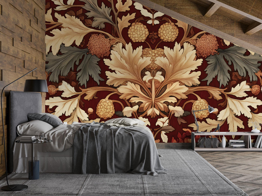 Bold Red and Gold Botanical 3D Wallpaper – Vintage Leaf & Floral Wall Mural – Luxury Statement Wall Art for Bedroom, Living Room