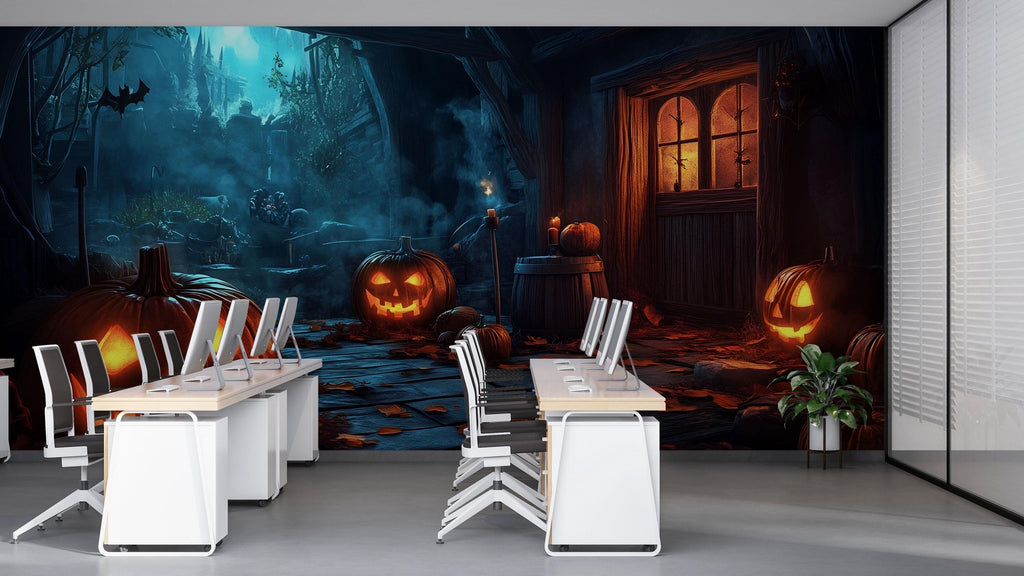 3D Halloween Pumpkin Alley Wallpaper Mural | Spooky Jack-O’-Lantern Wall Art For Office Or Home | Haunted Fall Decor | Peel And Stick