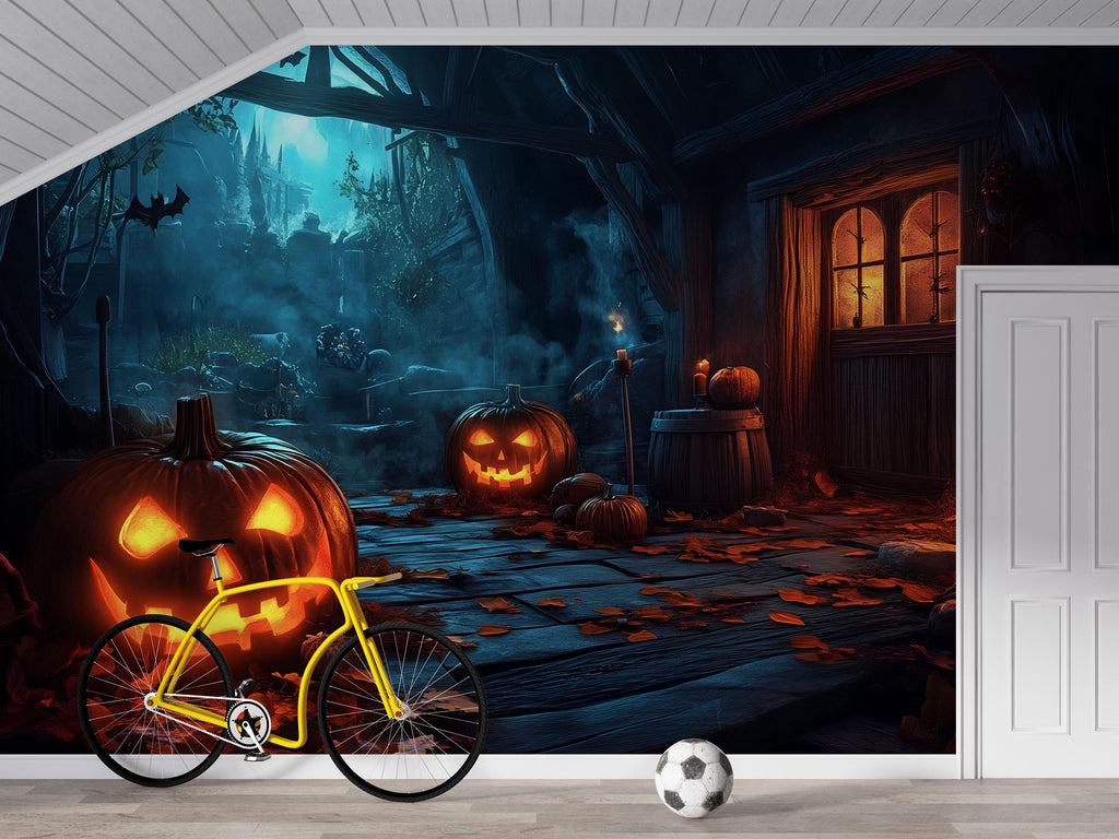 3D Halloween Pumpkin Alley Wallpaper Mural | Spooky Jack-O’-Lantern Wall Art For Office Or Home | Haunted Fall Decor | Peel And Stick