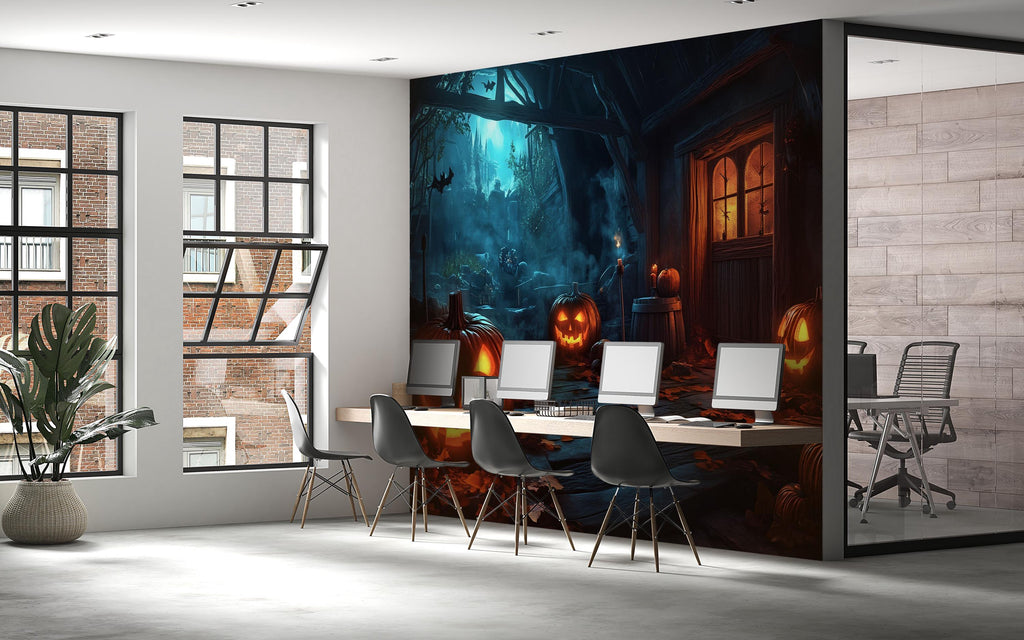 3D Halloween Pumpkin Alley Wallpaper Mural | Spooky Jack-O’-Lantern Wall Art For Office Or Home | Haunted Fall Decor | Peel And Stick