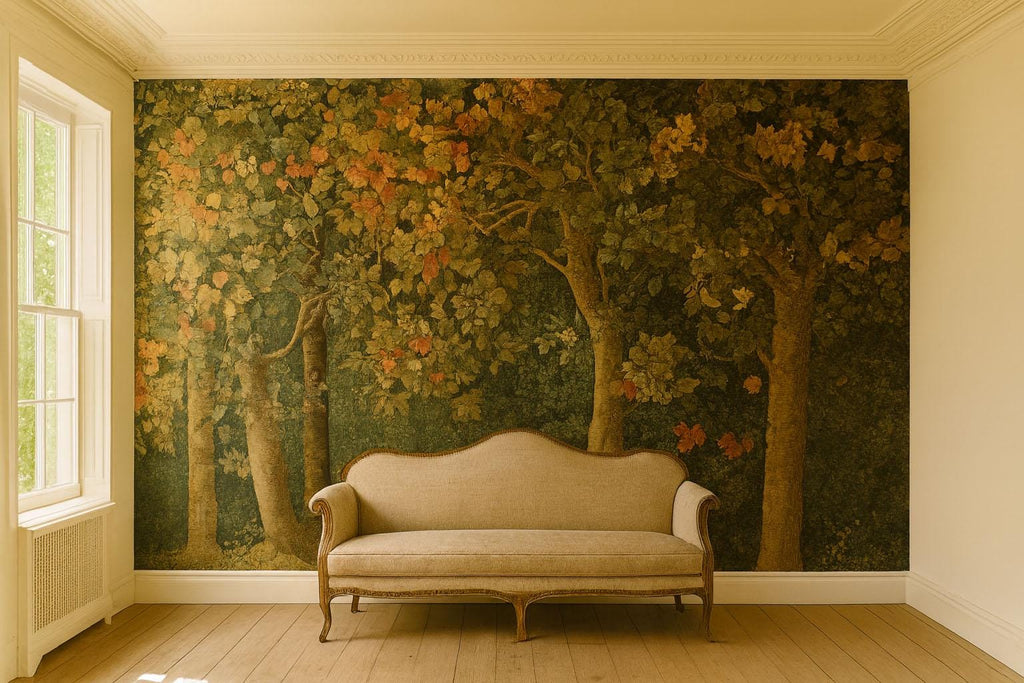 Autumn Forest Trees 3D Wallpaper – Vintage Botanical Woodland Mural – Luxury Nature-Inspired Statement Wall Art for Living Room