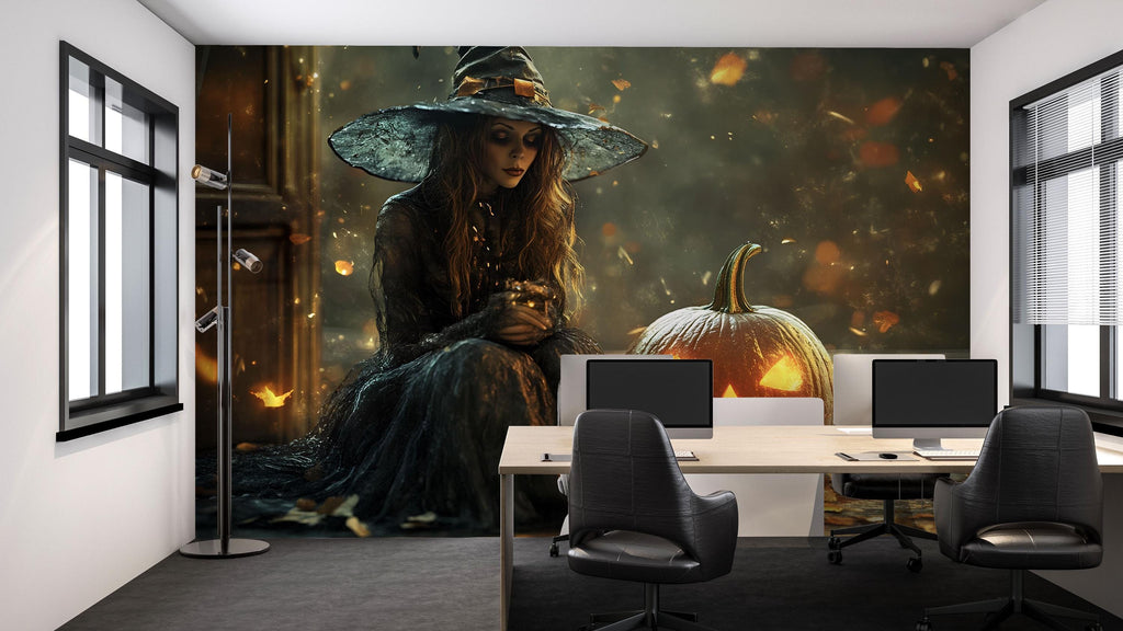 3D Halloween Witch And Pumpkin Wallpaper Mural | Spooky Fall Wall Art For Store Display, Party Or Home | Peel And Stick Haunted Decor |