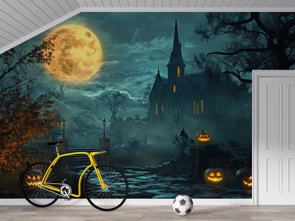 3D Haunted Church Halloween Wallpaper Mural | Glowing Pumpkin Path Wall Art | Gothic Spooky Decor For Home Or Store | Peel And Stick