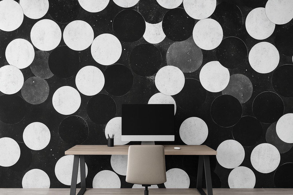 Modern Black & White Circles 3D Wallpaper – Bold Geometric Wall Mural – Stylish Statement Wall Art for Office, Living Room
