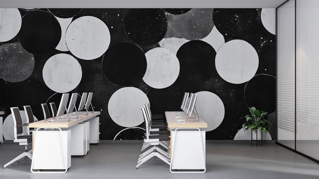 Modern Black & White Circles 3D Wallpaper – Bold Geometric Wall Mural – Stylish Statement Wall Art for Office, Living Room