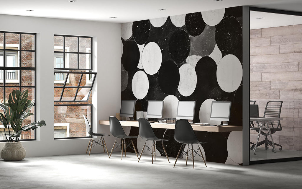 Modern Black & White Circles 3D Wallpaper – Bold Geometric Wall Mural – Stylish Statement Wall Art for Office, Living Room
