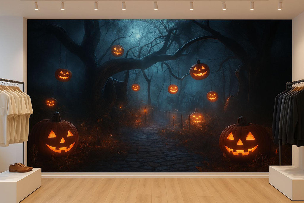 Halloween Pumpkin Forest 3D Wallpaper – Spooky Jack-o’-Lantern Path Wall Mural – Stylish Halloween Wall Decor for Retail Spaces or Holiday