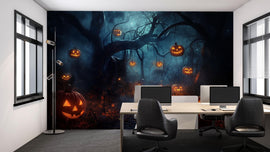 Halloween Pumpkin Forest 3D Wallpaper – Spooky Jack-o’-Lantern Path Wall Mural – Stylish Halloween Wall Decor for Retail Spaces or Holiday
